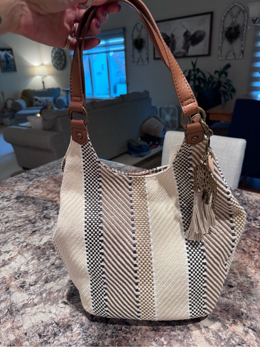 Woven Stripe Shoulder Bag in Cream and Tan